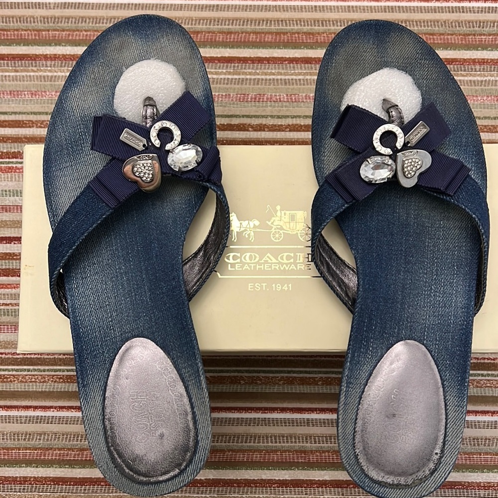 Coach “Sparkle Denim” Flat Sandals with Bling Charms on Top